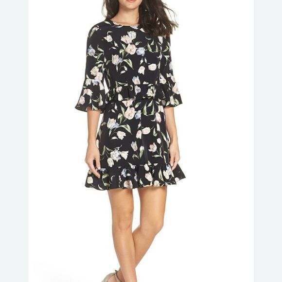 Avec Les Filles Dresses & Skirts - NWT Avec Les Filles Black Floral Print Ruffle A Line Mini Dress Size 6